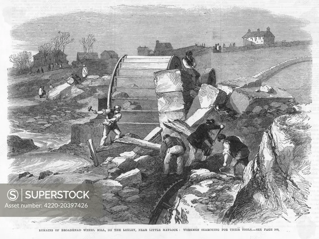 The Great Flood (or  Inundation) at Sheffield on  11th March 1864 when the Dale  Dyke Dam broke flooding  Sheffield.  View of workmen  searching for tools at Loxley.     Date: 1864