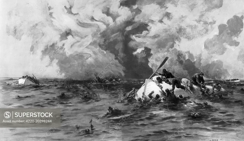 An illustration by S. Begg from an eye-witness survivior of the sinking of the 'Lusitania ' by a German U-boat in 1915.  As well as carrying a large cargo of Allied munitions, the liner was also transporting, among its passengers, 100 neutral Americans.  The incident played a large part in bringing the United States of America into World War I.     Date: May 15th 1915