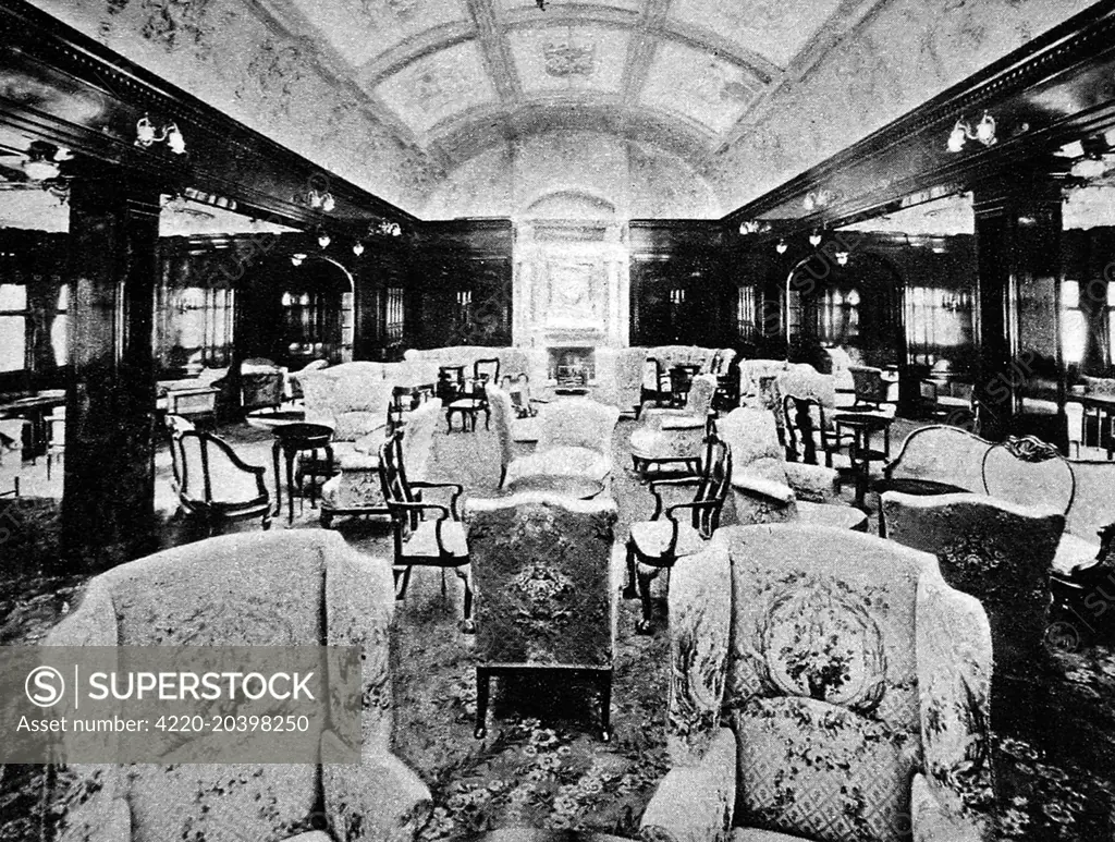 The drawing-room of the 'Lusitania', the liner torpedoed and sunk by a German U-boat on May 7th, 1915, with the loss of 1200 lives.     Date: May 15th 1915.