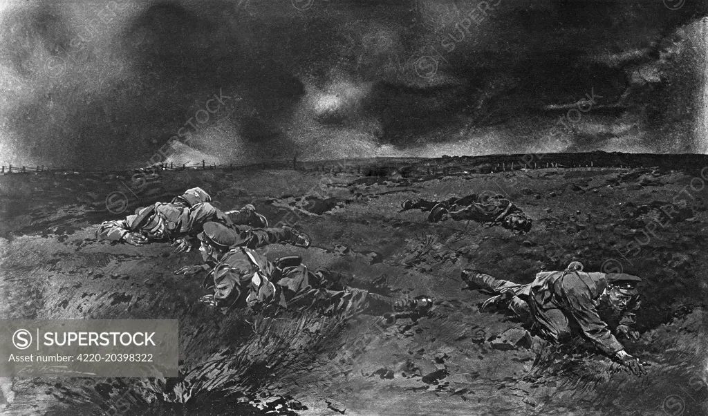 Illustration showing British soldiers crawling close to the ground at night in No-Mans Land, in a bid to locate enemy sappers by ear.     Date: September 4th 1915