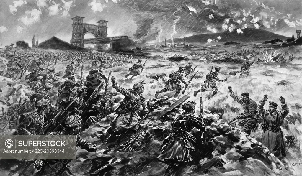 An illustration showing British troops charging over German trenches at the Battle of Loos.  Between September 25th and October 13th, the British lost over 8000 out of 30,000 men, during the battle called 'the Big Push'.  Loos is notable as being the first battle where the British used chlorine gas.     Date: October 9th 1915