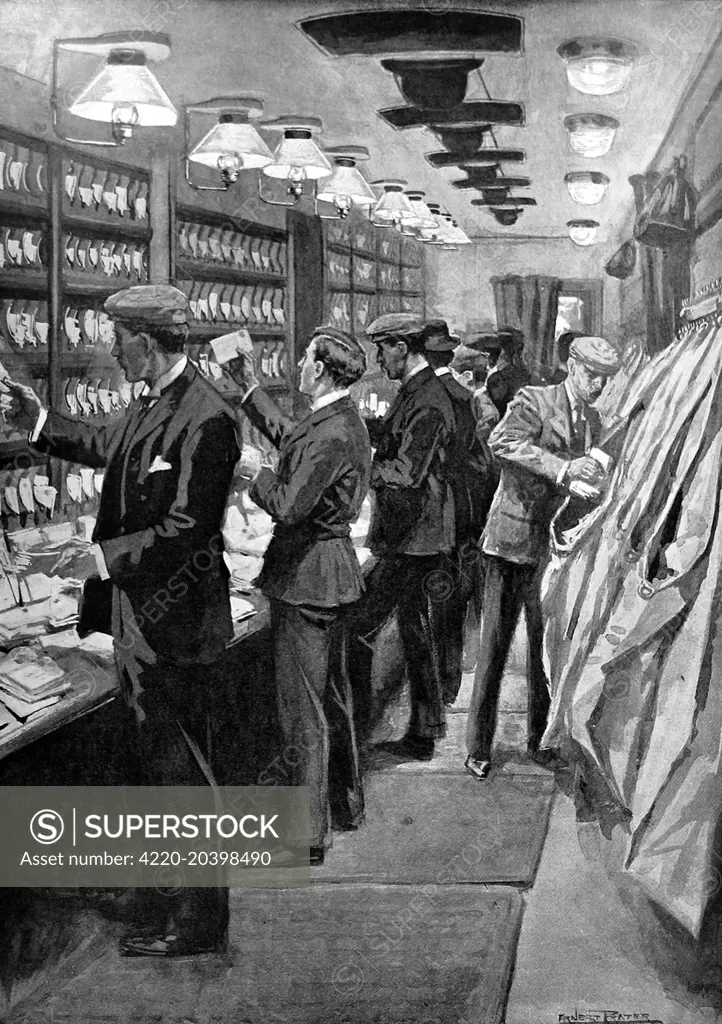 Illustration by Ernest Prater showing male postal workers aboard a London and North-Western train sorting mail.     Date: January 19th 1901