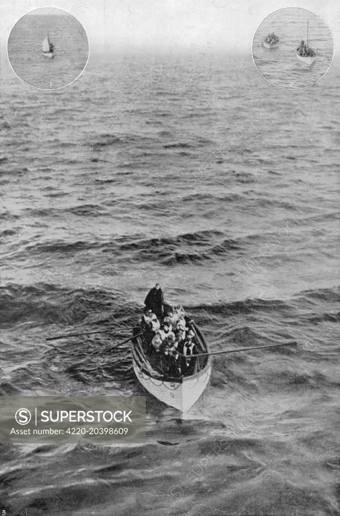 Photograph of some lucky survivors in one of the few lifeboats from the Titanic.  Built by the shipyard Harland and Wolff for White Star Lines, the liner was almost identical to her sister ship, 'Olympic' and was a rival to Cunard's 'Lusitania' and 'Mauretania'.  On her maiden voyage across the Atlantic, the Titanic struck an iceberg on 15th April 1912 and sank with the loss of 1503 lives. The enquiry following the disaster revealed that several lifeboats had left the scene of the disaster with 