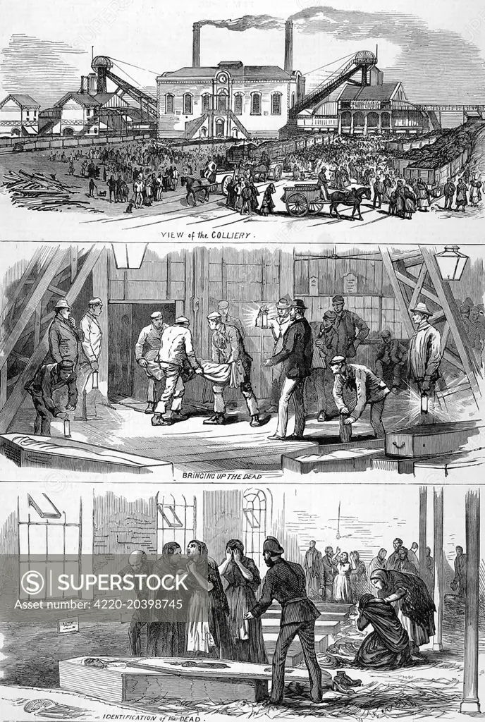 The explosion at Pemberton Collieries near Wigan. The tradegy was caused by firedamp gas exploding, killing between thirty and forty men. Three managers were suffocated after re-entering the mine to save others.     Date: 20th October 1877