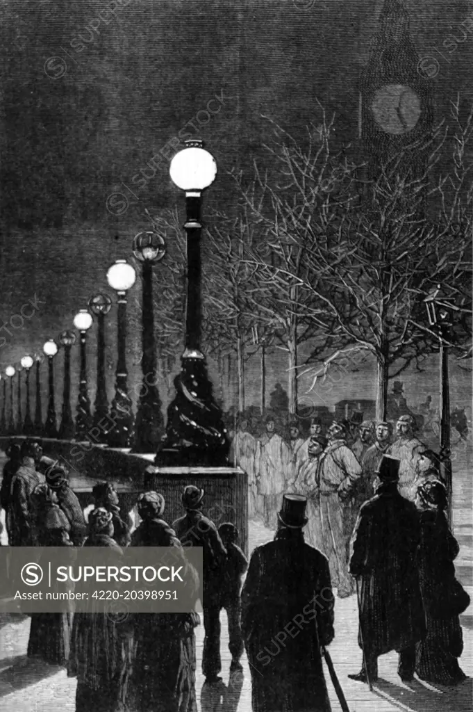 Engraving showing onlookers gazing up at the electric lamps along the Thames Embankment in 1879.     Date: 4th Jan 1879