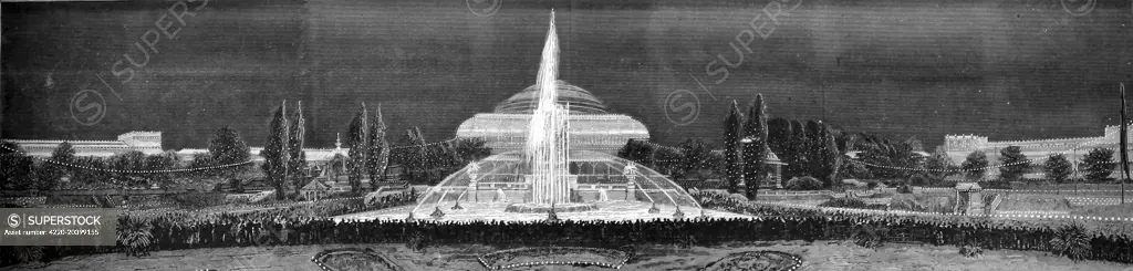 The gardens, fountains and buildings of South Kensington, illuminated with electric light at the Inventions Exhibition of 1885.  The extravagant lighting scheme was the work of Sir Francis Bolton.     Date: August 8th 1885