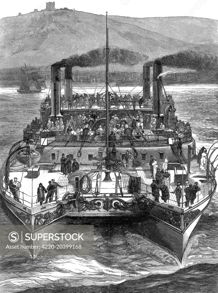 Engraving of the twin-hulled, paddle steamer 'Castalia', leaving Dover for Calais, August 1875.  Built in 1874 for the English Channel Steamship Company, her radical design was intended to improve stability and sea-keeping.  However the design was not a success and she was sold, in 1883, to the Metropolitan Asylums Board for use as a floating hospital on the River Thames.     Date: 1875