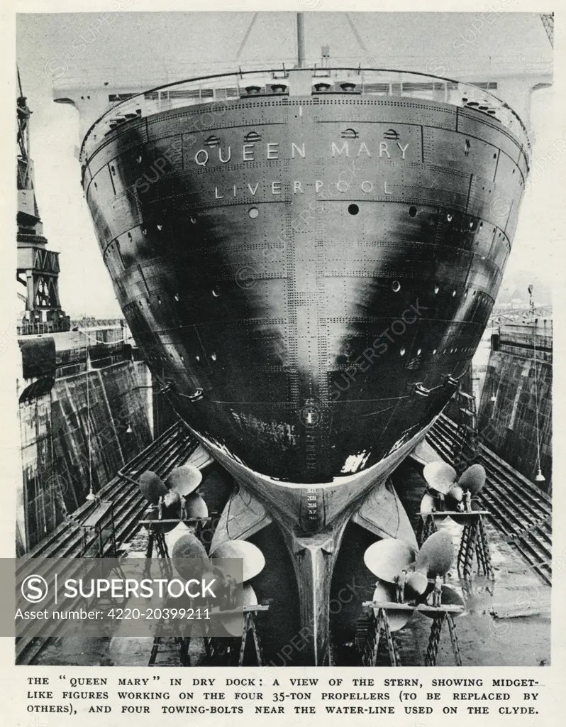 The stern of R.M.S. 'Queen Mary', whilst she was in dry dock to have her hull repainted and her four propellors changed.  Each propellor on the luxury Cunard White Star Liner weighed approximately 35 tons.     Date: 1936