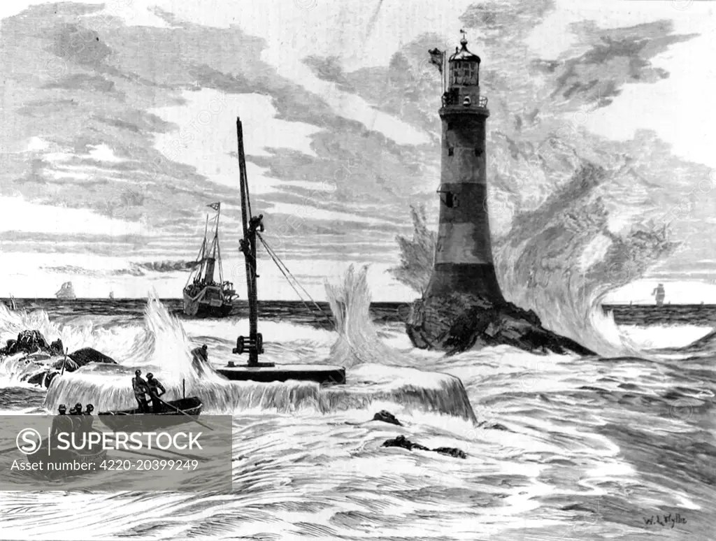 Engraving of the Eddystone lighthouse built by Smeaton in 1759 and the foundations of the new lighthouse, designed by Sir James Douglass.  The Smeaton lighthouse was being replaced as its foundations had been eroded.  Once the new Douglass lighthouse was complete, the Smeaton lighthouse was taken down and rebuilt on the Plymouth Hoe.     Date: 1879