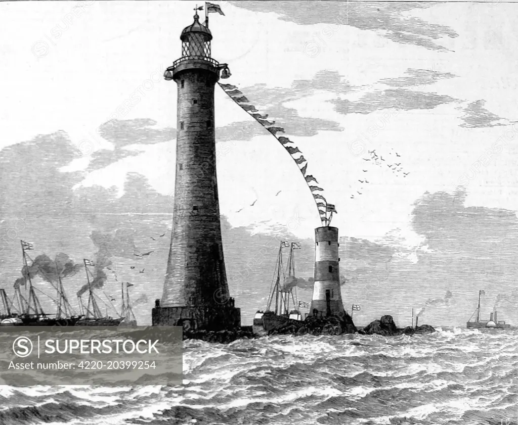 Engraving of the opening of the new Eddystone Lighthouse by the Duke of Edinburgh.  The new lighthouse, designed by Sir James Douglass, can be seen to the left of the older one, built by John Smeaton.  Smeaton's lighthouse was taken down and rebuilt on Plymouth Hoe.     Date: 1882