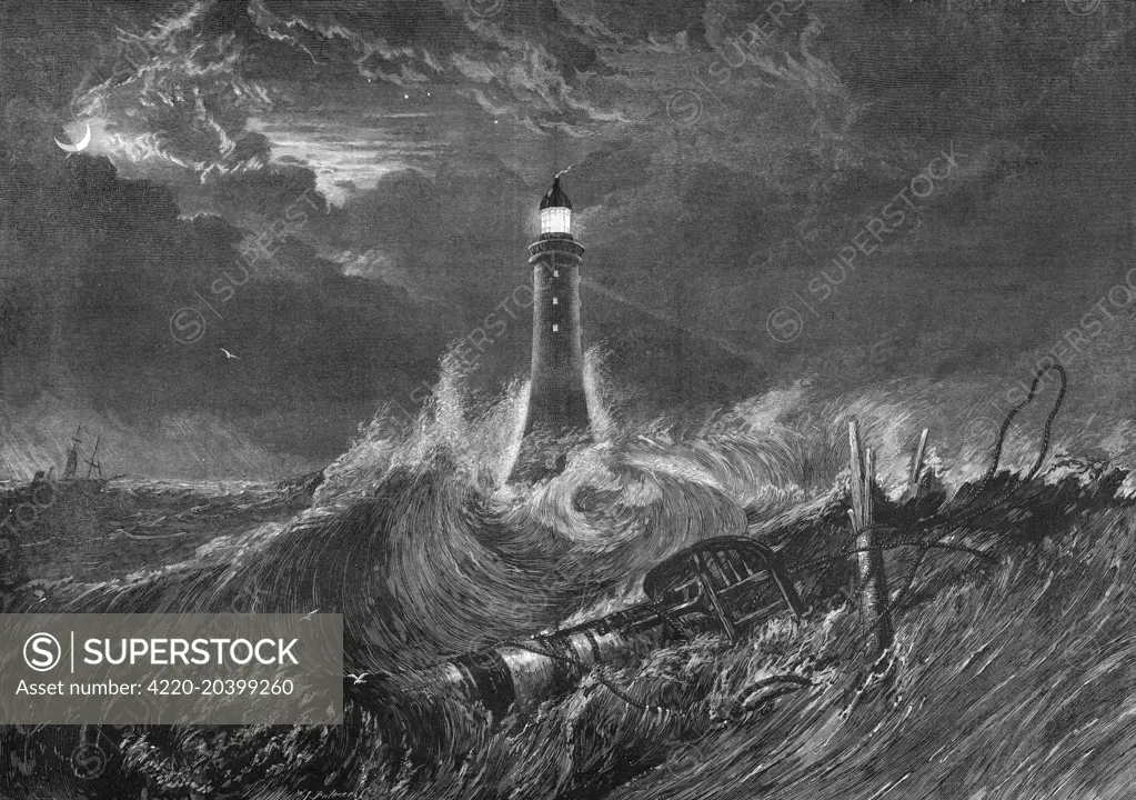 Engraving of the Eddystone Lighthouse, during a storm, from the picture by J.M.W. Turner, 1878.     Date: 1878