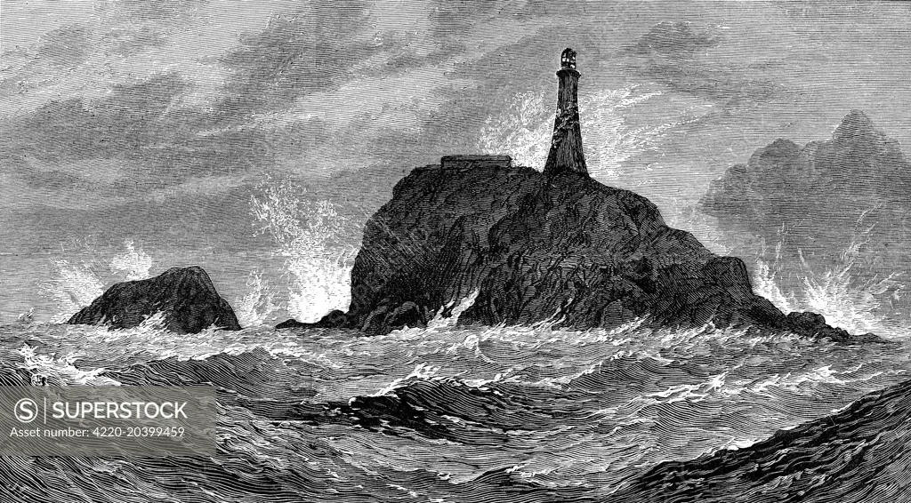 Engraving of the Calf Rock Lighthouse, Bantry Bay, which was destroyed by a severe storm on the 27th November 1881.     Date: 1881