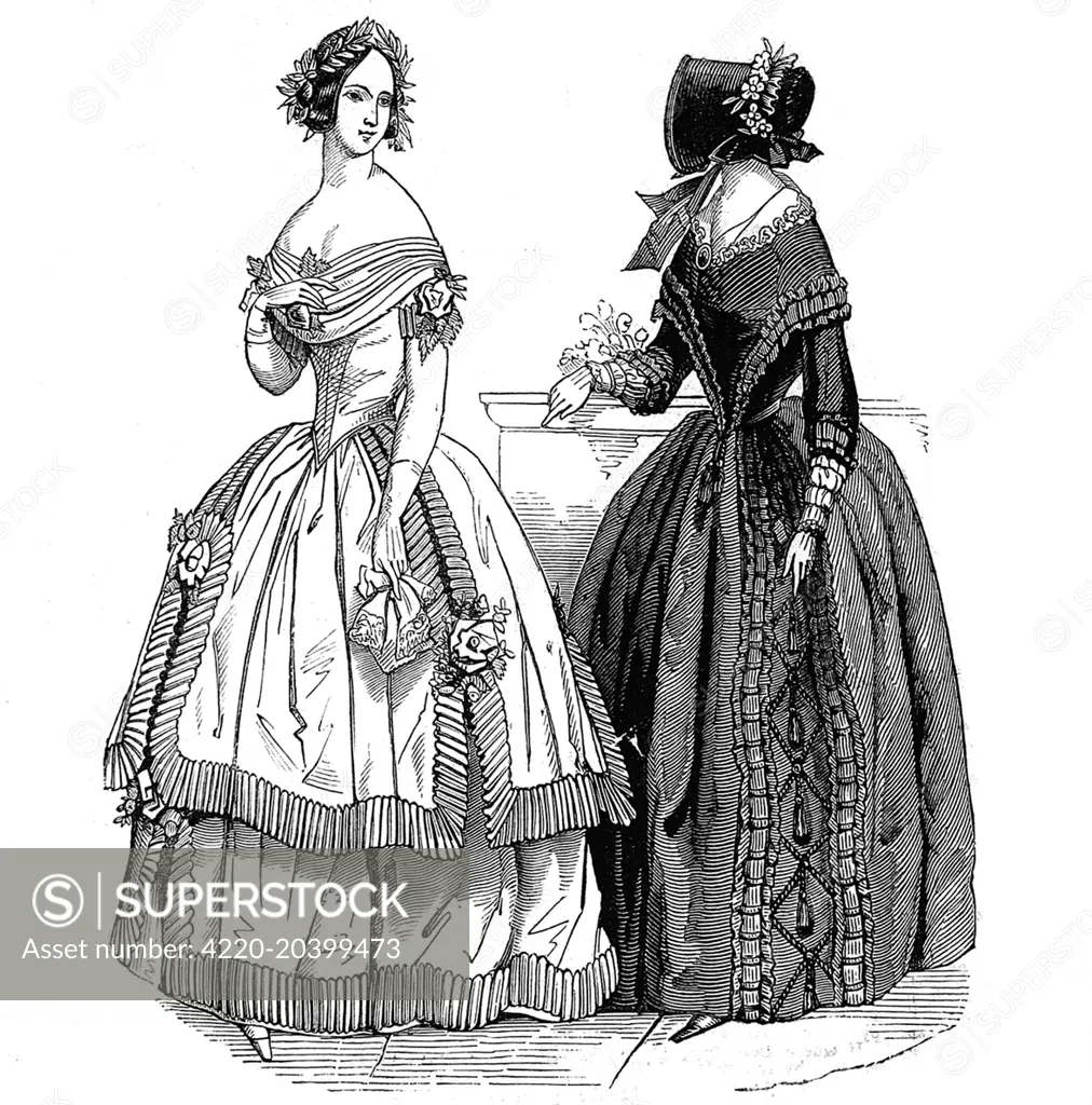 Engraving of two women modelling The Illustrated London News' idea of Fashion for February 1844.  The full caption reads as follows: 'No.1. (left) A hair coiffure, ornamented witha a wreath of green leaves with rosebuds.  A white crape dress, with pink satin corsage, the skirt trimmed with fluted pink satin ribbon, and ornamented with bouquets of flowers.'  'No.2. A black velvet capote, ornamented with flowers.  A Gros de Naples pelisse, trimmed with ruches of the same material.  The sleeves des