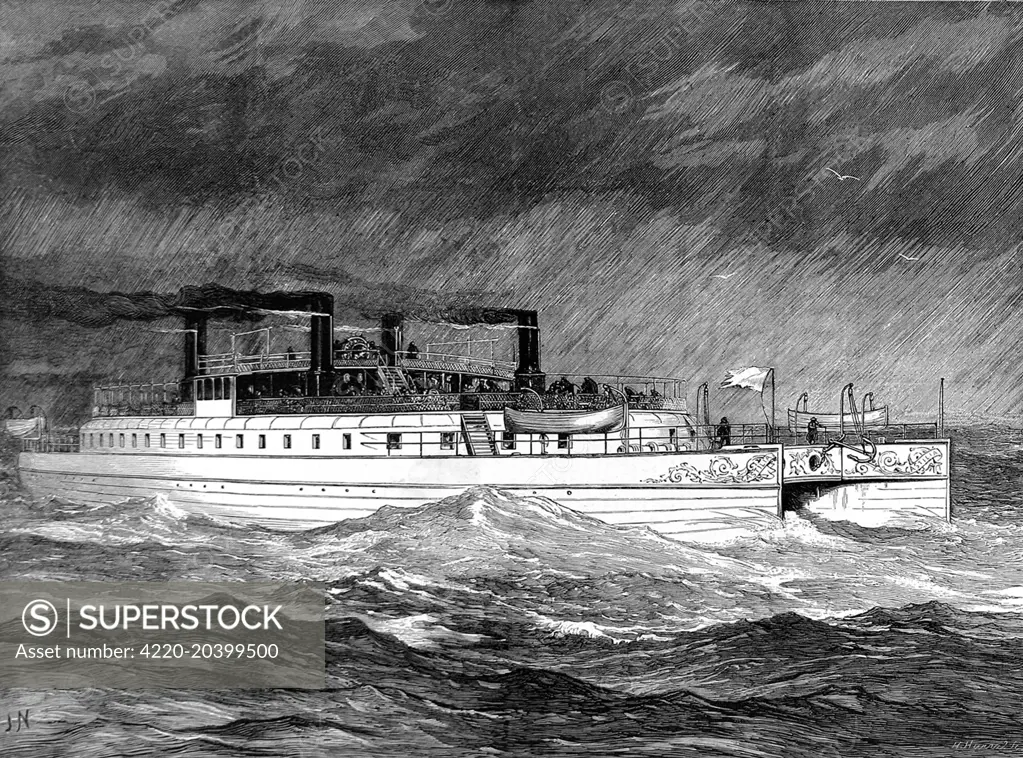 Engraving of the twin-hulled, paddle steamer 'Castalia', September 1874.  Launched in that year, for the English Channel Steamship Company, her radical design was intended to improve stability and sea-keeping.  However the design was not a success and she was sold, in 1883, to the Metropolitan Asylums Board for use as a floating hospital on the River Thames.     Date: 1874