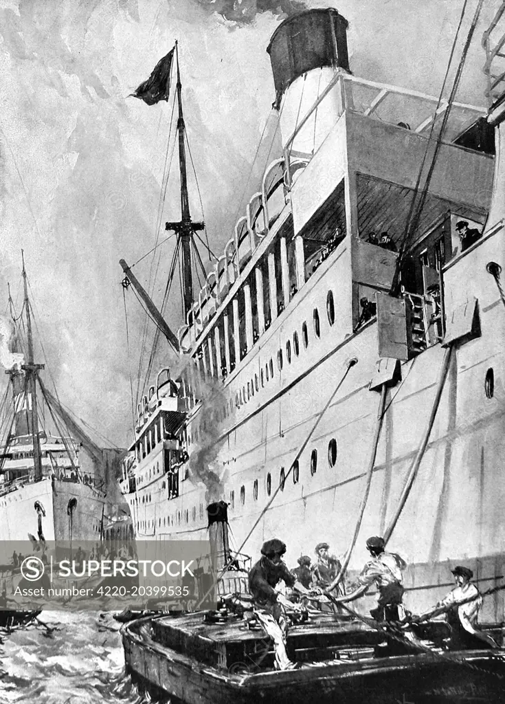 Illustration of a Fumigation Barge, pumping Sulphur Dioxide into the holds of ship to kill rats and other vermin, London. As sulphur dioxide is heavier than air, it was an ideal disinfectant in ships as it sank into all the awkward spaces at the bottom of the hold.     Date: 1911