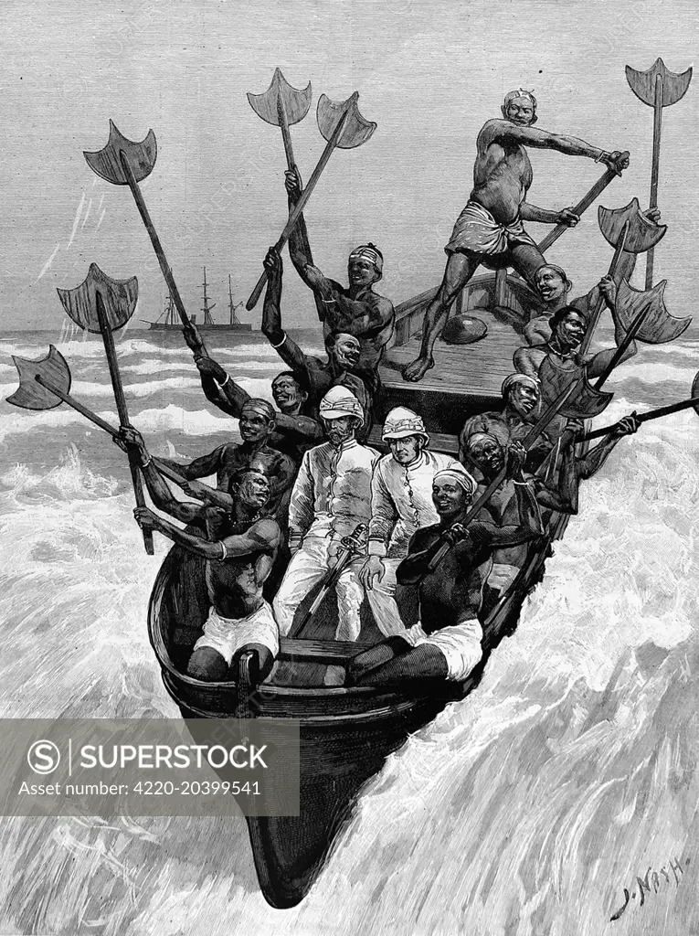 Engraving of a native surf boat heading through the breakers, to bring it's cargo of two European officers to land at Accra, Ghana.     Date: 1891