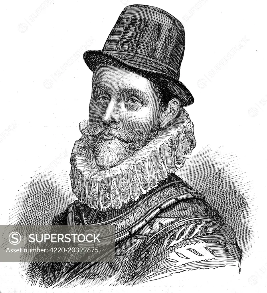 Engraving of Sir John Hawkins (1532-1595); Elizabethan seafarer, shipbuilder, MP, Treasurer of the Navy.  In 1588 he was Rear-Admiral of the English fleet and Captain of the 'Victory' in action against the Spanish Armada.  He died, aged 63, on passage to South America to attack the Spanish Treasure Fleet.     Date: 1888