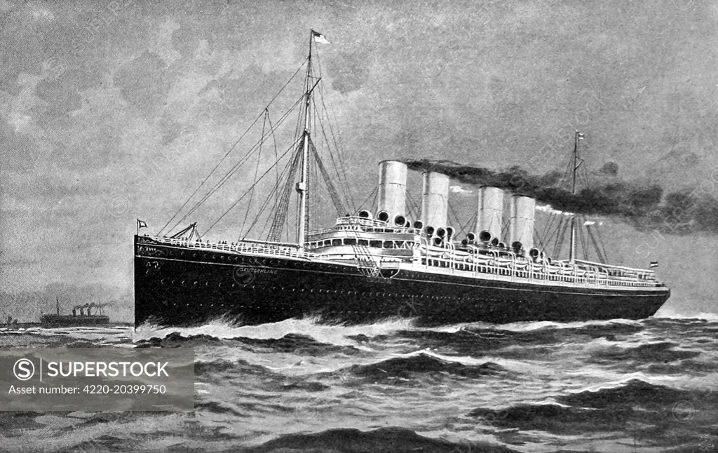 Illustration of the Hamburg-American Liner 'Deutschland', launched in 1900 and holder of the Blue Riband for the fastest Atlantic crossing from 1900-1906. In September 1900, 'Deutschland' crossed the Atlantic in 5 days and 7 hours, at an average of 23.36 knots. She was designed for speed, which inevitably meant some compromise on passenger comfort, so she was not the most popular vessel then running the Atlantic.     Date: 1900