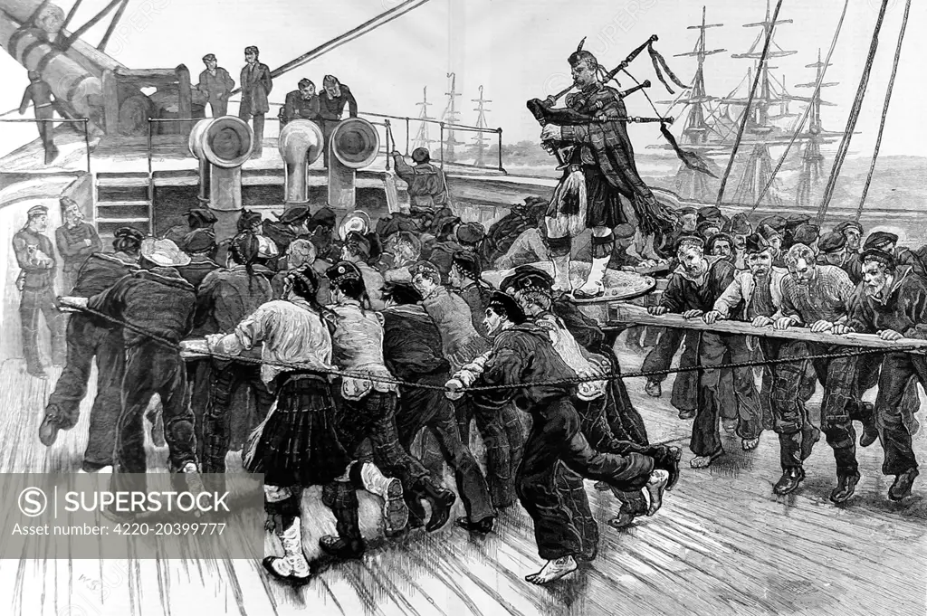 Engraving showing Royal Navy sailors and soldiers from a Scottish Regiment manning a capstan, whilst a Scotch piper stands on the capstan to give them some music. Capstans were used for a number of tasks, but it is likely that these men are raising the anchor prior to sailing away. In the background Navy and Army officers watch the men at work.     Date: 1873