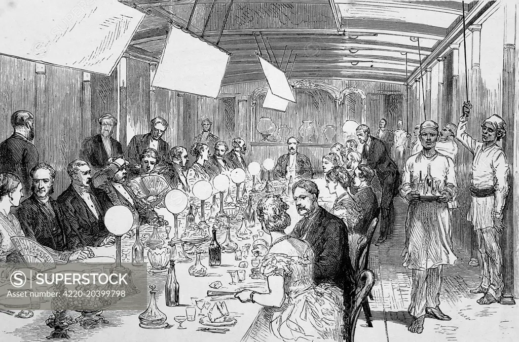 Engraving showing the dining saloon on board the P.&amp;.O. steamship 'Sumatra', as it crosses the Red Sea, 1875. The opulence of the table and the quantity of the servants bringing food, drink and fanning the table are indicative of the fact that the Prince of Wales, later Edward VII, was on board for this voyage.     Date: 1875