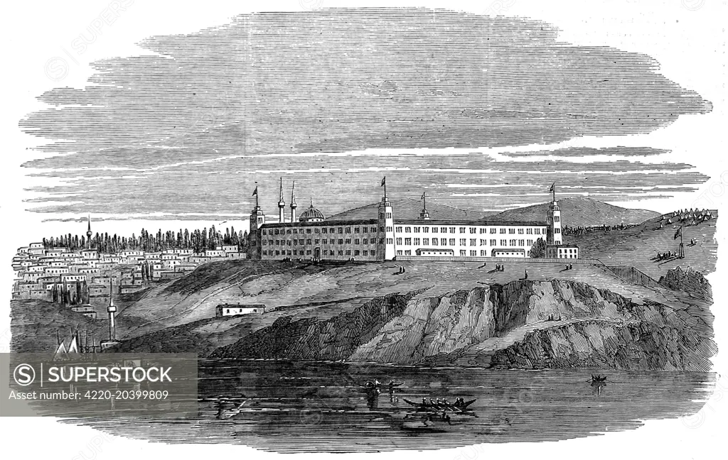 Engraving showing the British Military Hospital at Scutari (now Uskudar) in Istanbul, 1855. This was the Hospital that Florence Nightingale worked at during the Crimean War of 1854-55. This hospital was capable of accomodating 3000 sick or wounded, but in January 1855 only had 2000.     Date: 1855