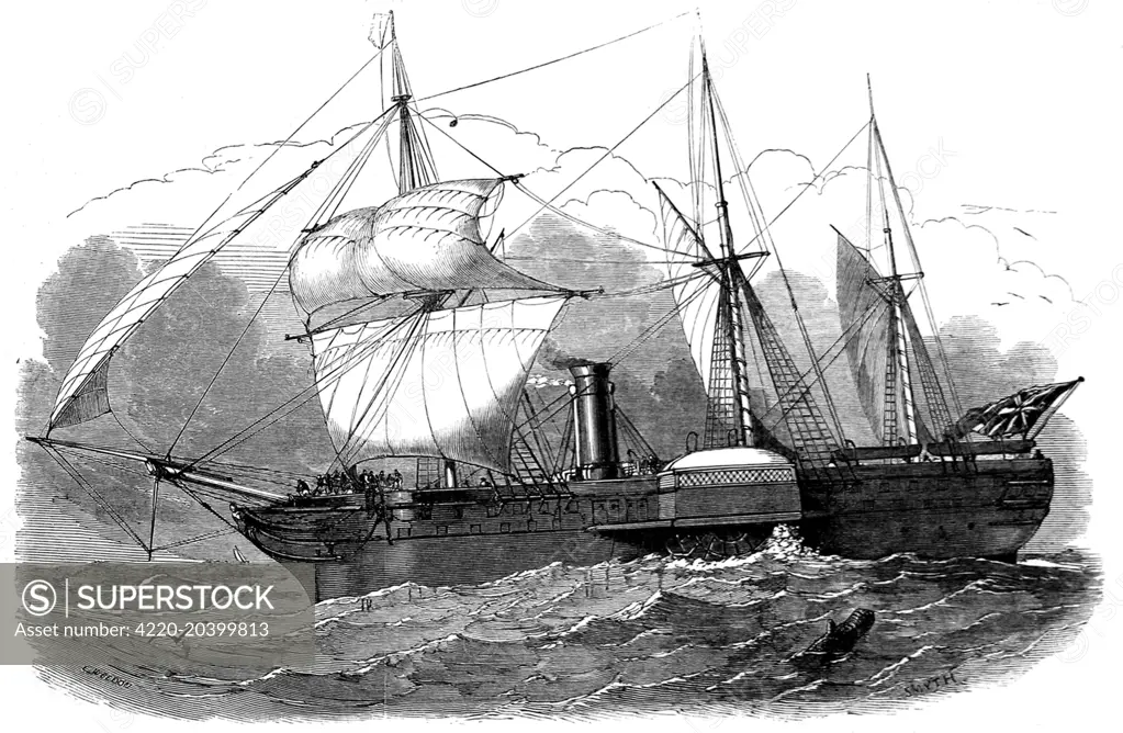 Engraving of the Royal Mail Steam-Packet Company's paddle-steamer 'Forth'. Built in Leith in 1841, the 'Forth' went missing between Southampton and the West Indies early in 1841. It was later discovered that she had been wrecked on the Alacranes Reef, Gulf of Mexico, fortunately without loss of life.     Date: 1849