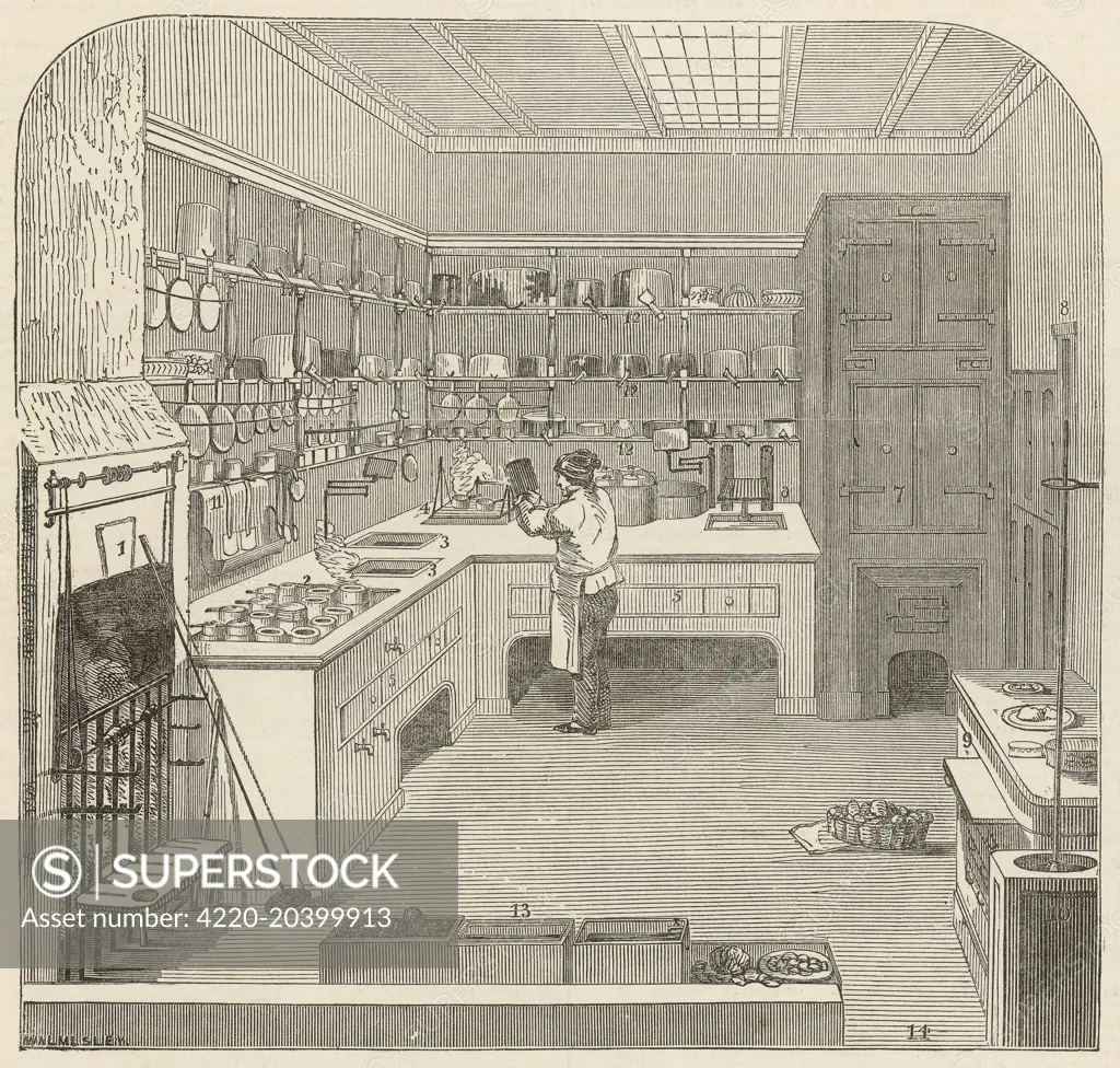 Engraving showing a miniature kitchen, fitted on the 'Guadalquiver' steam vessel, 'by Messrs. Bramah Prsetage, 124, Piccadilly, under the superintendence of M. Soyer, of the Reform Club'.  The compact kitchen, with 'every possible convenience' made it possible to cook large dinners on board a ship.  Soyer, a celebrated Parisian chef, came to England in 1831, gaining popularity by working for a number of aristocrats before finding fame as chef of the Reform Club.  Soyer is best-known for his phil