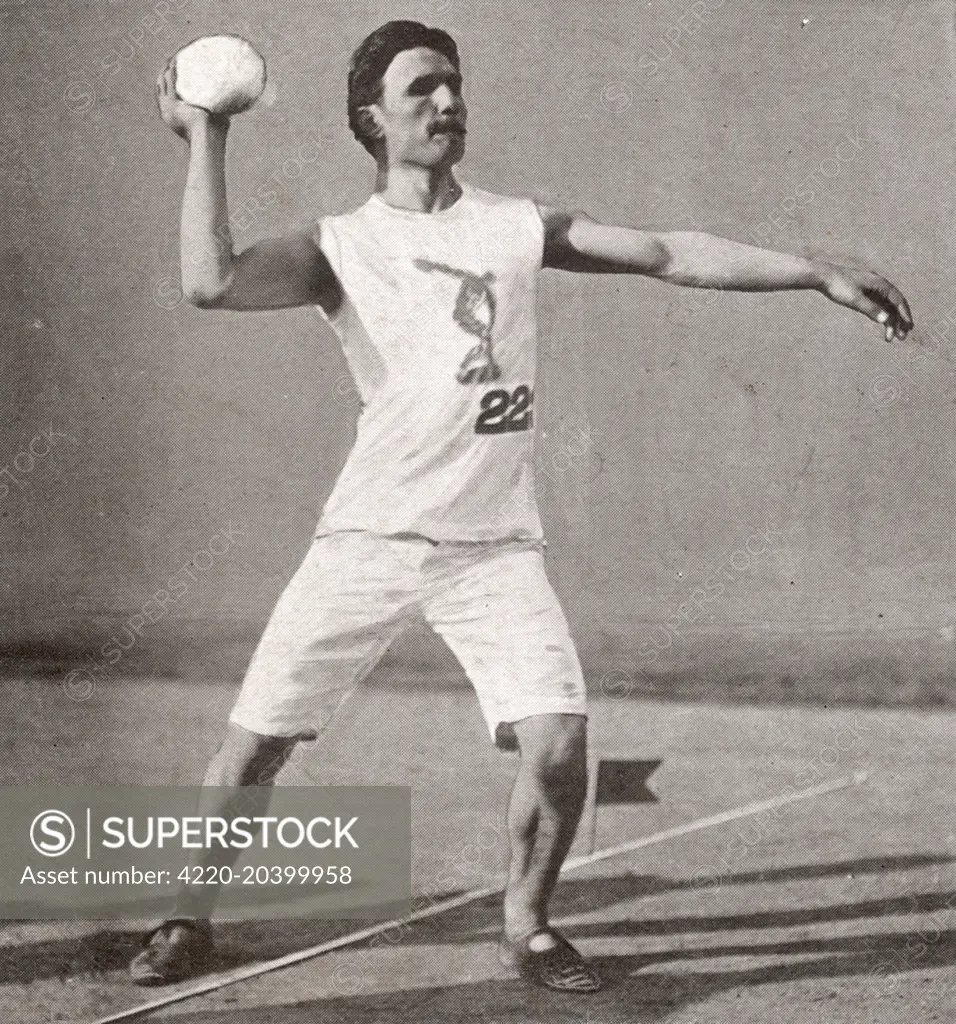 The Shot Put or 'Stone Putting' showing N. Georgantas of Greece, the winner with a throw of 19.92 1/2 metres at the 1906 Athens Summer Olympics.    The fourth modern Olympic games was staged as a celebration of the tenth anniversary of the resumption of the Games opening on May 22.     Though not official, they were very important for the Olympic movement after the failure of the 1900 and 1904 Olympics.     Date: 1906