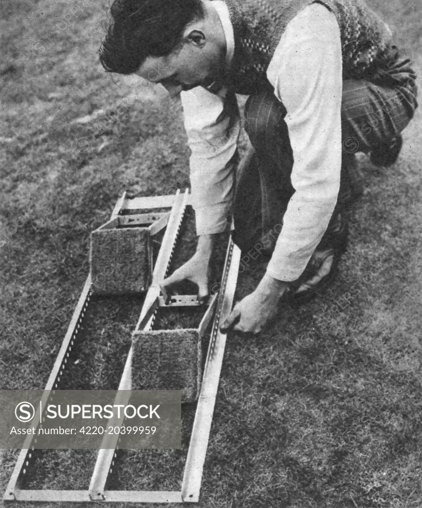 New adjustable, aluminium starting blocks developed by Mr. H. Rottenburg and used at the 1948 Olympic Games in London.     Date: 1948