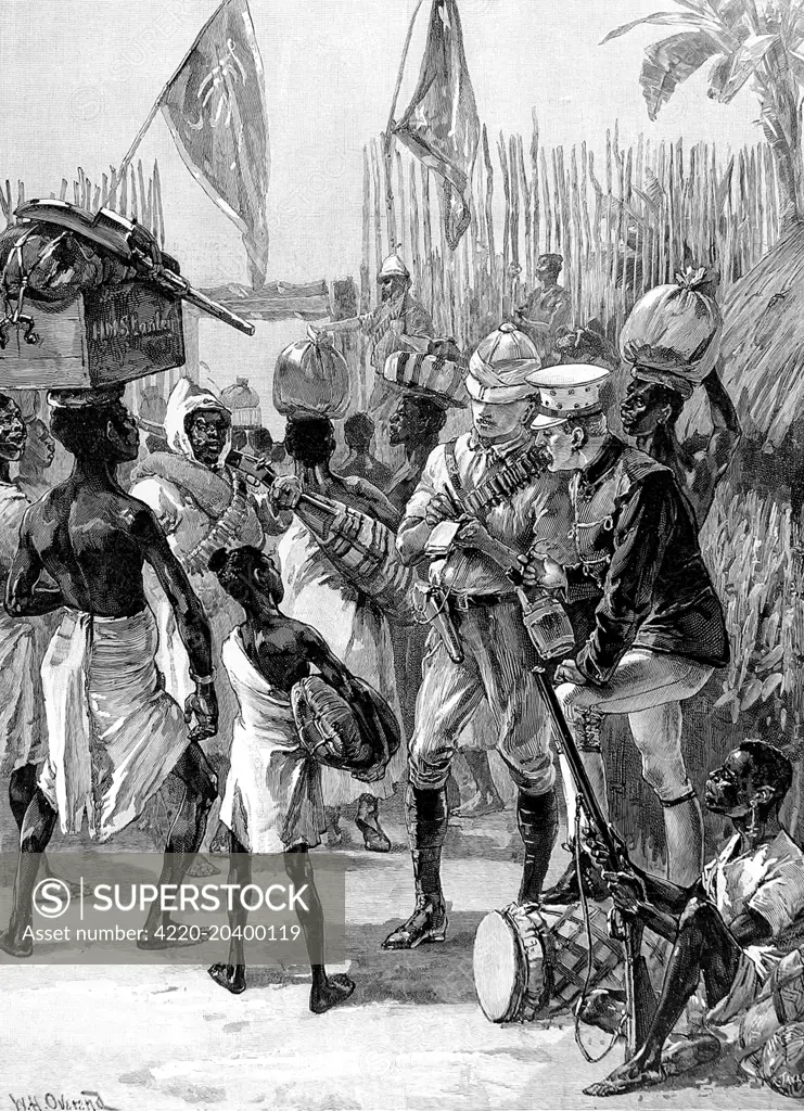 Engraving showing Sir Henry Morton Stanley (1841-1904) (on right, wearing dark jacket) setting out from Yambuya Camp on the 28th June 1887 during the Emin Pasha Relief Expedition.    Emin Pasha, a German doctor, explorer, linguist and the Governor of the Egyptian Equatorial Province had retreated to Wadelai, near Lake Albert, with 10,000 followers during the Mahdi Rising of the mid-1880's.    Cut off from all communication Emin Pasha was considered lost, so the British government sent out a resc