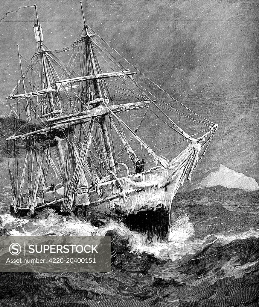 Engraving showing HMS 'Alert', her bow covered in ice, heading home to Great Britian at the end of the 1875-1876 Arctic Expedition.    In 1875 the British Admiralty sent Captain George Nares with two ships, HMS 'Alert' and HMS 'Discovery', to make an attempt to reach the North Pole via Smith Sound.      The attempt was unsuccessful, but a new 'furthest North' record was set, the coasts of Greenland and Ellesmere Island were charted and much scientific data gathered.  1876