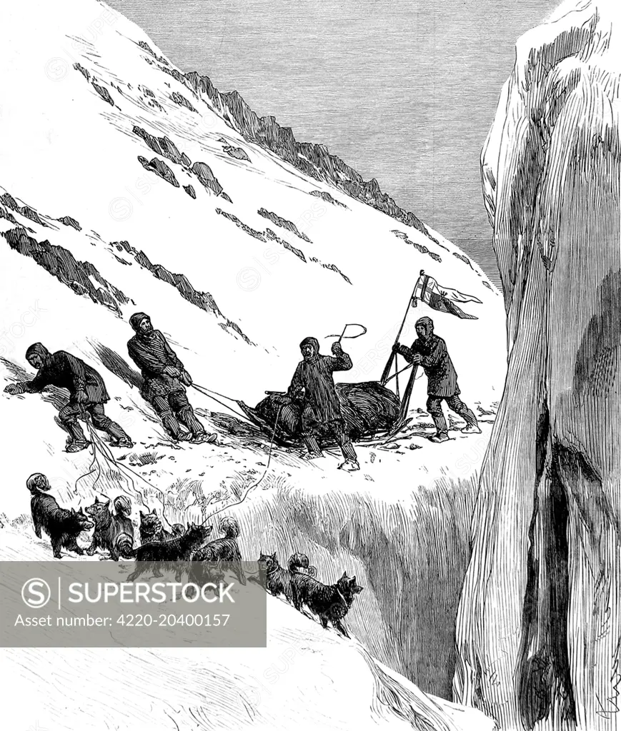 Engraving showing a sledging party making an overland journey between HMS 'Alert' and HMS 'Discovery' during the British Arctic Expedition of 1875-1876.    In the summer of 1875 the British Admiralty sent Captain George Nares with two ships, HMS 'Alert' and HMS 'Discovery', to make an attempt to reach the North Pole via Smith Sound.      Although the attempt was unsuccessful, a new 'furthest North' record was set, the coasts of Greenland and Ellesmere Island were charted and much scien