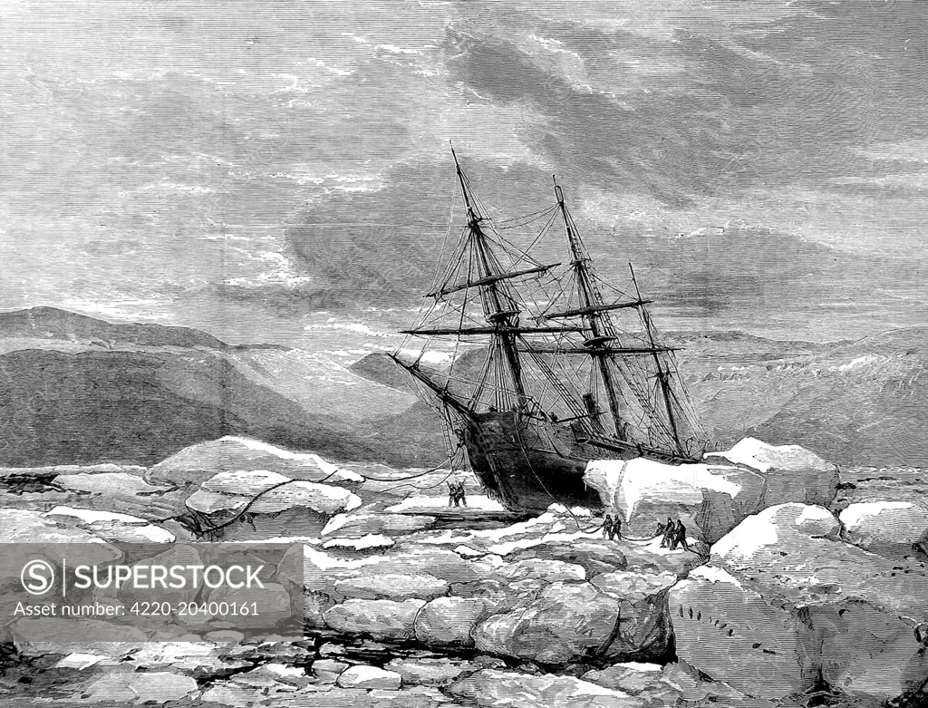 Engraving showing HMS 'Alert' as she was pushed ashore by the pressure of the ice surrounding her at Radmore Harbour, Kennedy Channel during the British Arctic Expedition of 1875-1876.    In the summer of 1875 the British Admiralty sent Captain George Nares with two ships, HMS 'Alert' and HMS 'Discovery', to make an attempt to reach the North Pole via Smith Sound.      Although the attempt was unsuccessful, a new 'furthest North' record was set, the coasts of Greenland and Ellesmere Island were 