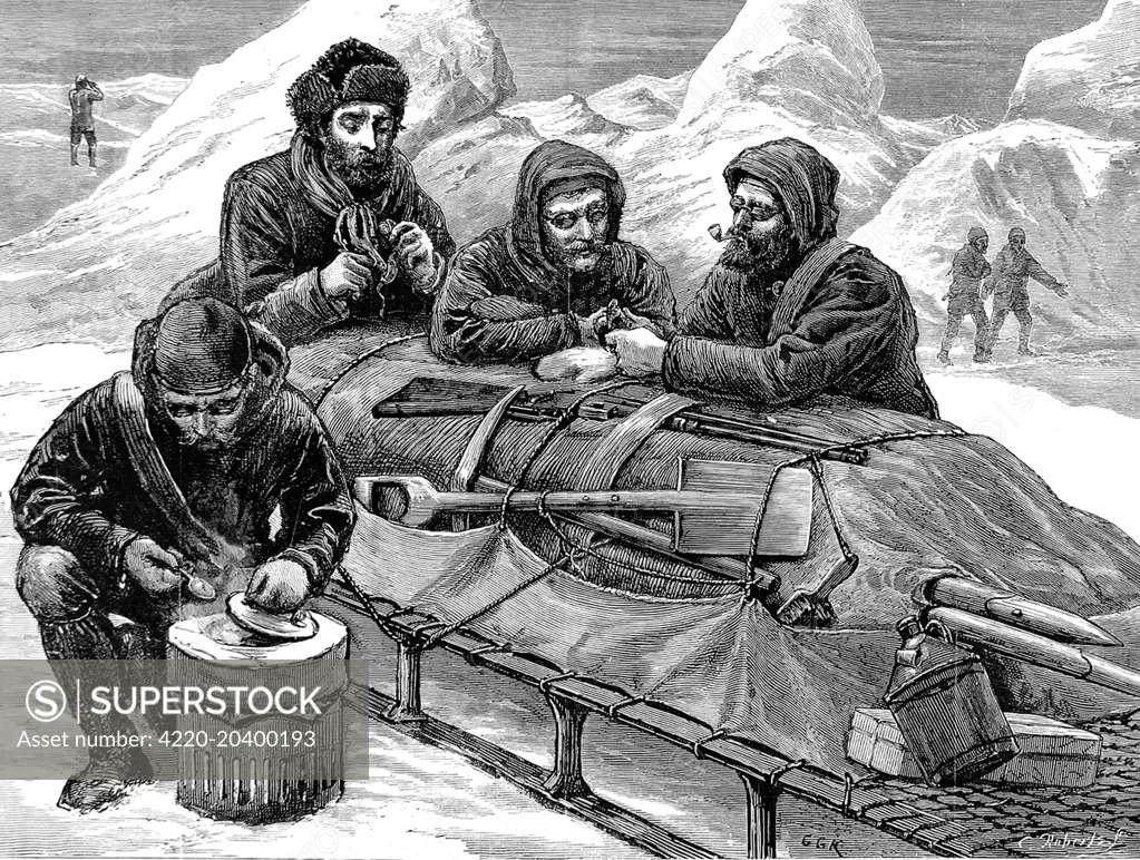 Engraving showing a sledging party of the British Arctic Expedition, 1875-1876, preparing to have their lunch.  In the foreground can be seen their sledge with various equipment attached, including a gun, a pick-axe, a spade and several boat-hooks.    In the summer of 1875 the British Admiralty sent Captain George Nares with two ships, HMS 'Alert' and HMS 'Discovery', to make an attempt to reach the North Pole via Smith Sound.      Although the attempt was unsuccessful, a new 'furthest North' re