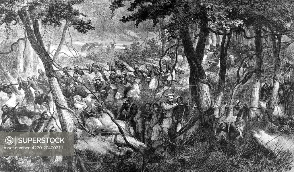 Engraving showing a scene, during Sir Henry Morton Stanley's Anglo-American expedition of 1874-1877, in the Central African forest.      In the background Stanley's porters are pulling their boats overland, in order to get past the waterfall behind them.  In the foreground Stanley's armed guards return fire against some unseen assailants, whose throwing spears lie all around.     Date: 1878