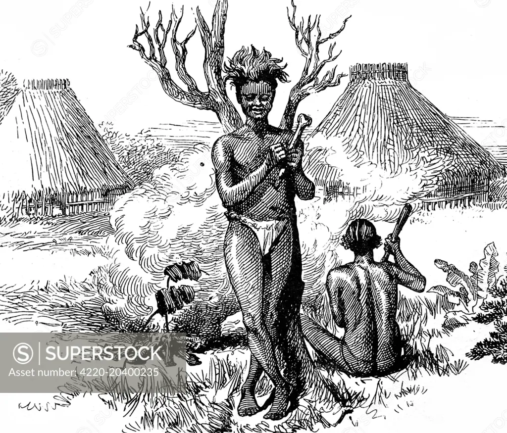 Engraving showing two cannibals cooking their next meal, in their village near Nassibu's Camp on the Aruwimi River, Central Africa, 1888.    This image was sketched by H. Ward, a member of the Emin Pasha Relief Expedition of 1887-1888 led by H.M. Stanley.     Date: 1888