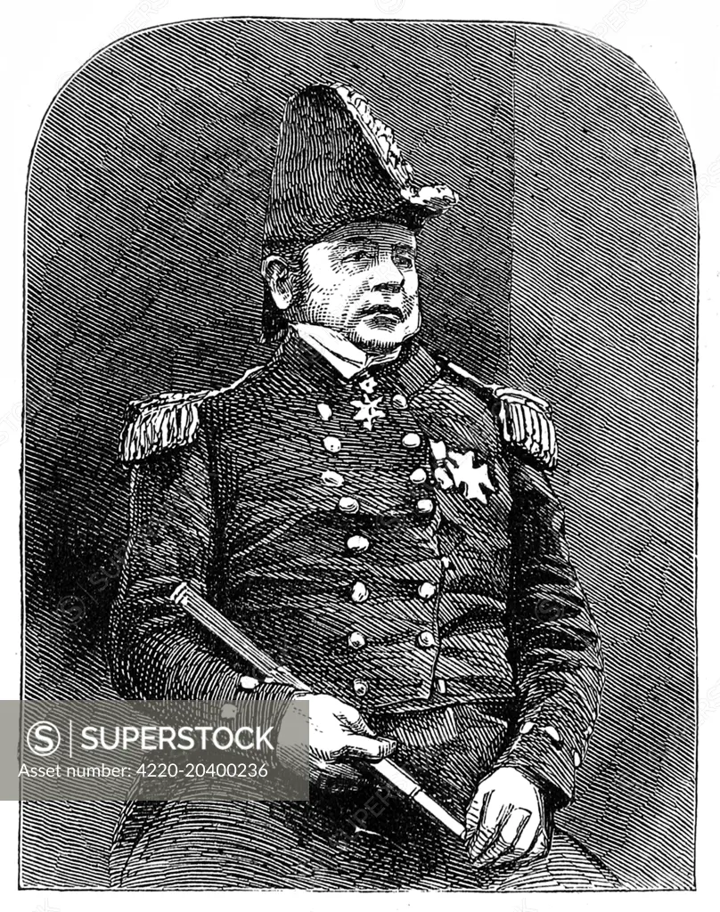 Engraving of Captain Sir John Franklin in his Royal Navy uniform, pictured shortly before departing on his ill-fated Arctic expedition of 1845.    In 1845 the British Admiralty sent two polar exploration ships, HMS 'Erebus' and HMS 'Terror', to look for the Northwest passage round the northern coast of Canada.  The expedition, commanded by Sir John Franklin, disappeared from view late in 1845 and none of the men were ever seen again.      In fact the ships made it to the King William Island regi