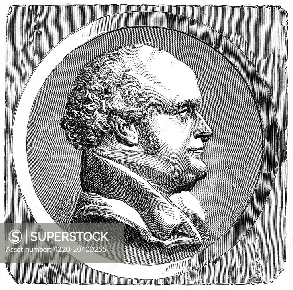 Engraving showing a metallic portrait of Sir John Franklin, the English naval commander and explorer, who led the ill-fated Arctic expedition of 1845.  The metallic portrait was made by M. David.    In 1845 the British Admiralty sent two polar exploration ships, HMS 'Erebus' and HMS 'Terror', to look for the Northwest passage round the northern coast of Canada.  The expedition, commanded by Sir John Franklin, disappeared from view late in 1845 and none of the men were ever seen again.      In fa