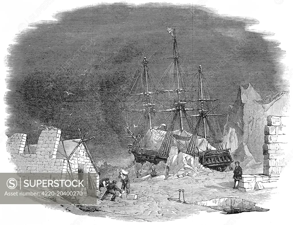 Engraving of an imaginary scene showing a British Arctic expedition in the Arctic, c.1849.  The engraving shows a group of men building an ice house in the foreground, whilst their ship is seen in the background, surrounded by the ice pack.    This image was created in order to give the readers of the 'Illustrated London News' an idea of the conditions that the Franklin and Ross expeditions of the 1840's might encounter in the Arctic.     Date: 1849