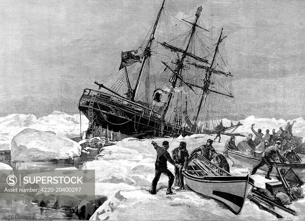 Engraving showing the yacht 'Eira', commanded by Benjamin Leigh Smith, crushed by the ice and sinking off Cape Flora, Franz Joseph Land, 21st August 1881.    Following the sinking the crew endured an epic journey to safety, dragging the ship's boats over ice for six weeks and sailing through a strong gale to try to reach Nova Zembla.  They were rescued by Sir Allen Young in the ship 'Hope' at Matotchkin Strait, August 1882.     Date: 1882