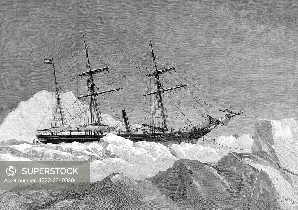 Engraving showing the yacht 'Jeannette' in the Arctic pack ice, during the expedition of 1879-1881.      An US Navy crew, led by Lieutenant Commander George Washington Delong, embarked aboard the private yacht 'Jeannnette' in 1879 in an attempt to sail to the North Pole.  The 'Jeannette' entered the ice pack, near Wrangell Island, in September 1879 and then drifted north-west, surrounded by ice until June 1881.    On the 12th June 1881, the 'Jeannette' was crushed by the ice and sank, leaving it