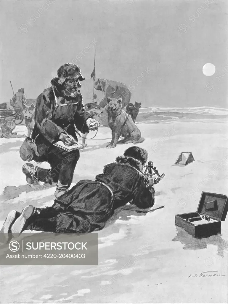 Illustration showing how the members of Roald Amundsen's Antarctic Expedition of 1910-12 calculated their position, using a sextant and an artificial horizon; South Pole, 1911.    Amundsen and four others became the first explorers to reach the South Pole in December 1911.     Date: 1912