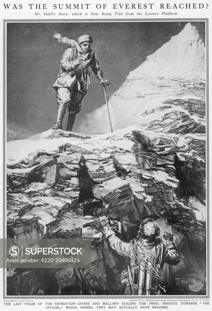 Illustration showing an artist's impression of George Leigh Mallory (top) and Andrew Irvine climbing up the Second Step on Everest, 1924.      Mallory and Irvine, the British climbers, were last seen by N.E. Odell near the Second Step during their attempt to climb Everest on 8th June 1924.  They did not return from their attempt and the question of whether they reached the summit remains.     Date: 1924