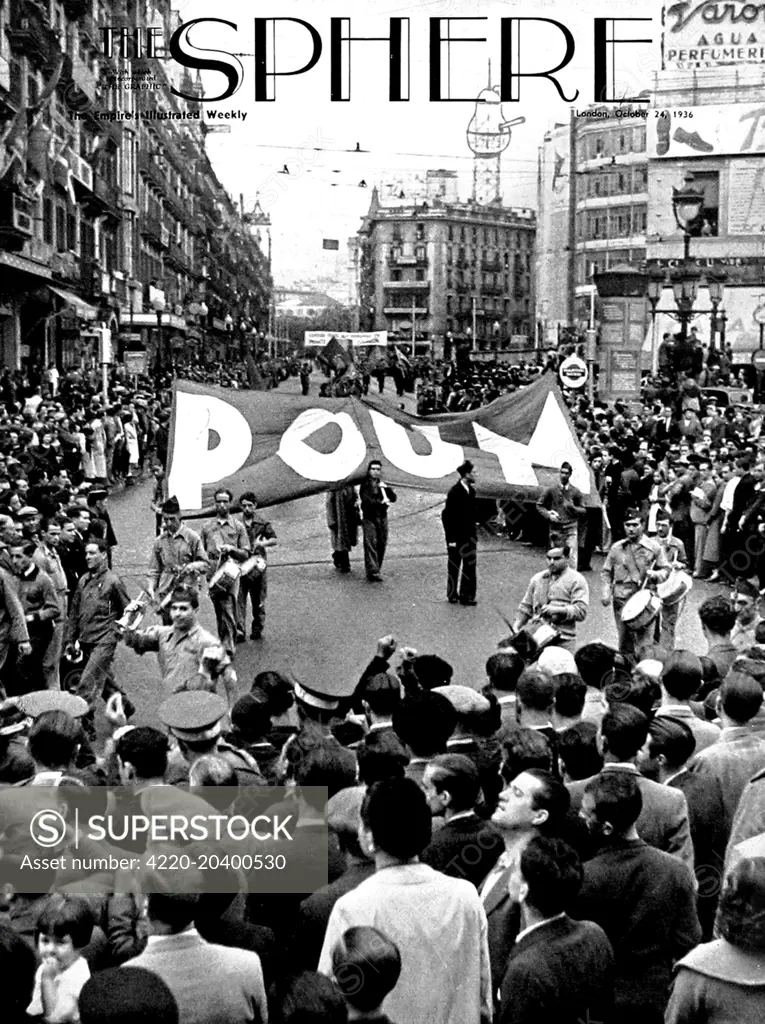 Photograph showing members of the Workers Party of Marxist Unification (POUM) marching along one of the avenues of Barcelona, during the early stages of the Spanish Civil War, 1936.     Date: 1936