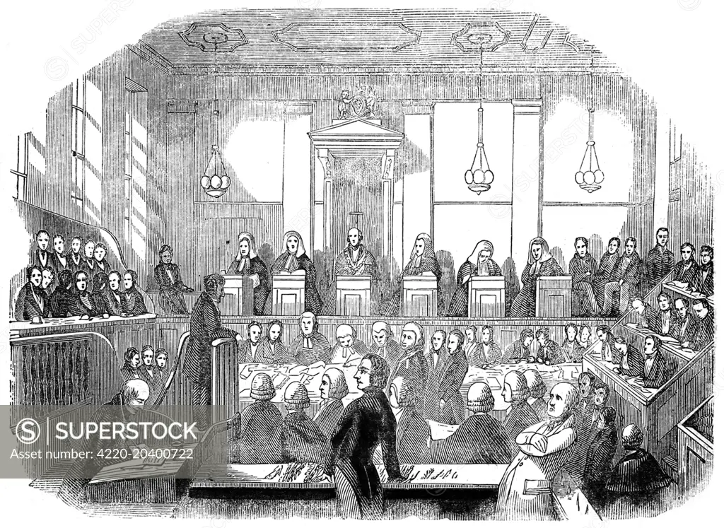 A sketch taken of the courtroom at Old Bailey where the trial of Mr M' Naughten took place,  for the assassination Mr Edward Drummond, secretary to Prime Minister Sir Robert Peel.     Mr M' Naughten was fixated with Sir Robert Peel, and in his attempt to assassinate him he hit Drummond. The trial became notorious and is still cited today as he pleaded insanity and was therefore not tried.     Date: 1848