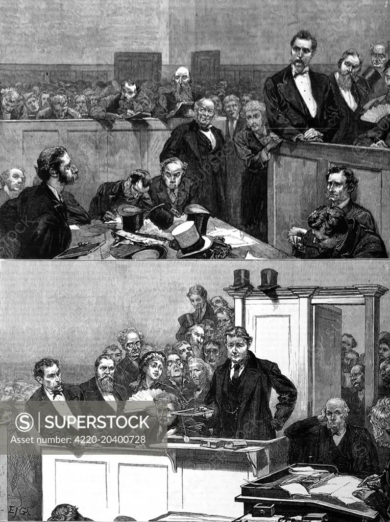 The trial of Henry Slade, the medium who was said to communicate with spirits by a slate board. Top sketch shows Mr G. Leis, counsel for the Prosecution and bottom image shows Professor E. Ray Lankester, giving evidence.    Slade first practised his spirit communication in America before travelling to England. He gave seances from his lodgings in Russell Square, London.  Word spread quickly of his talents and stirred the attention of two professionals, Mr Lankester and Dr Donkin. After two seanc