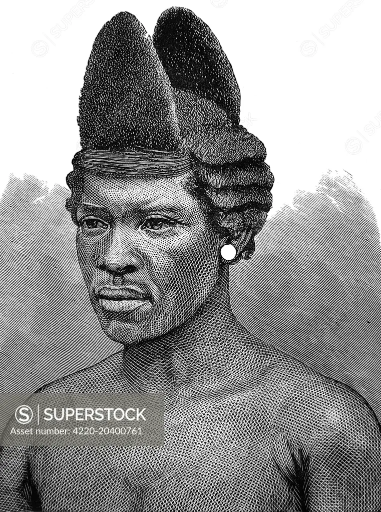 Zulu warrior with double horn-shaped hair style, with stepped sides.     Date: 1879