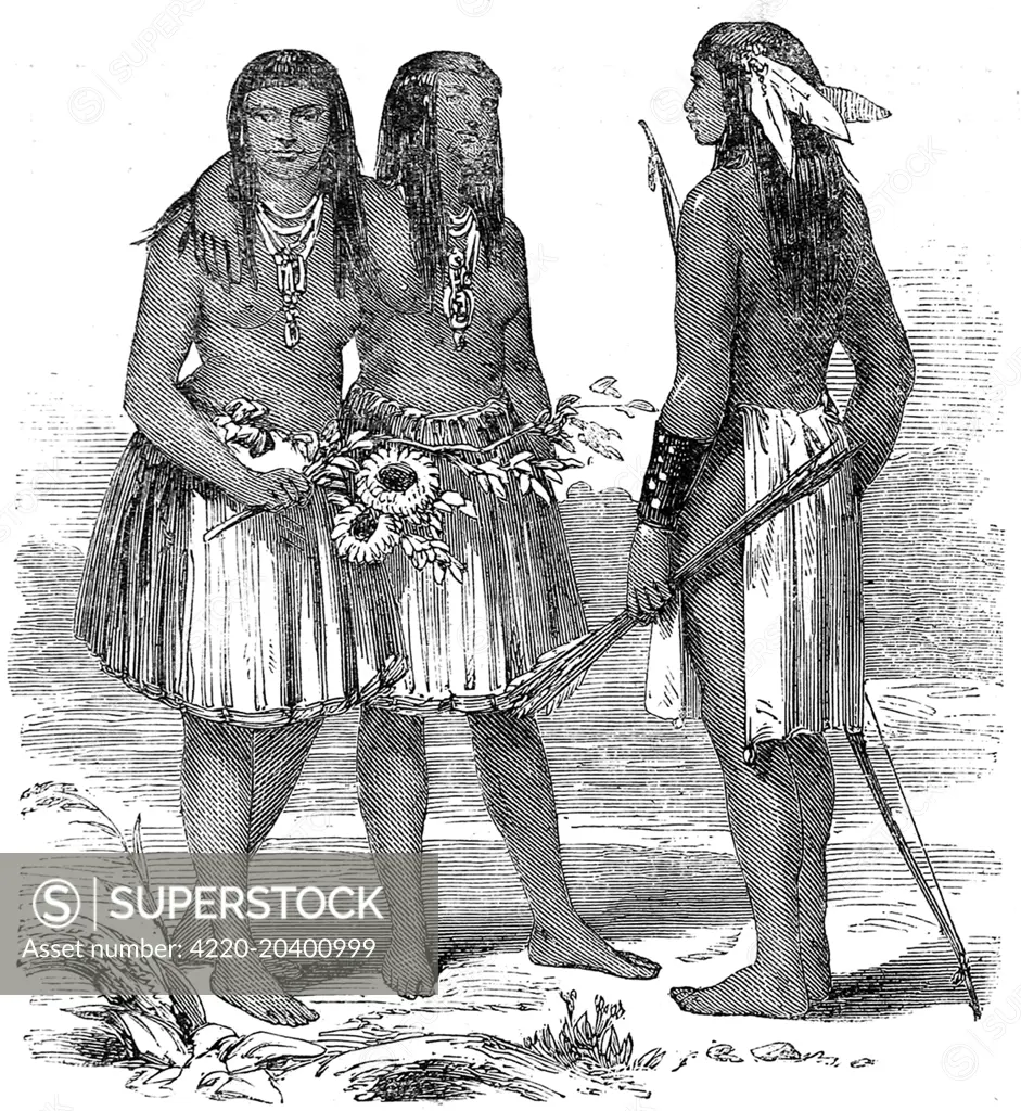 American Indian Princess Nude - Illustration showing a couple of native American Indians of the Yuma tribe,  c.1858. The women is seen naked to waist, wearing necklaces and short, full  skirts. The man, holding a bow and