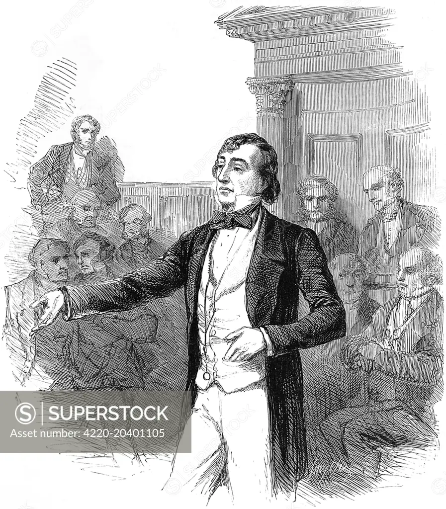 Engraving showing Benjamin Disraeli (1804-1881), 1st Earl of Beaconsfield, setting forth his opinions at the Bucks Election of 1847.     Date: 1881