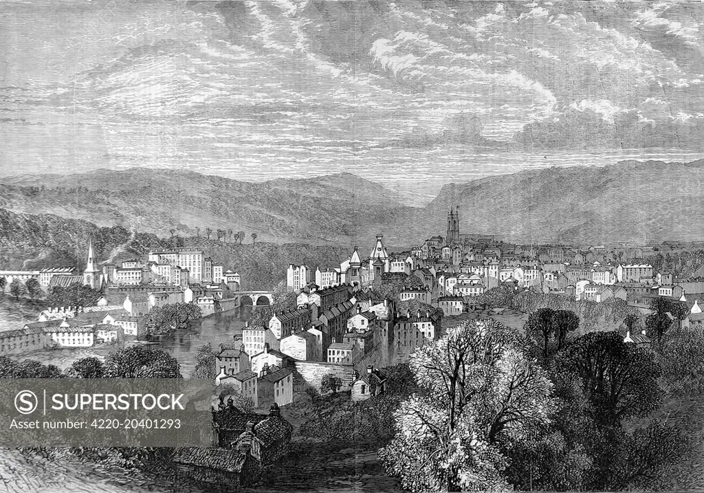 Engraving showing the Devon town, Tiverton, 1865.     Date: 1865